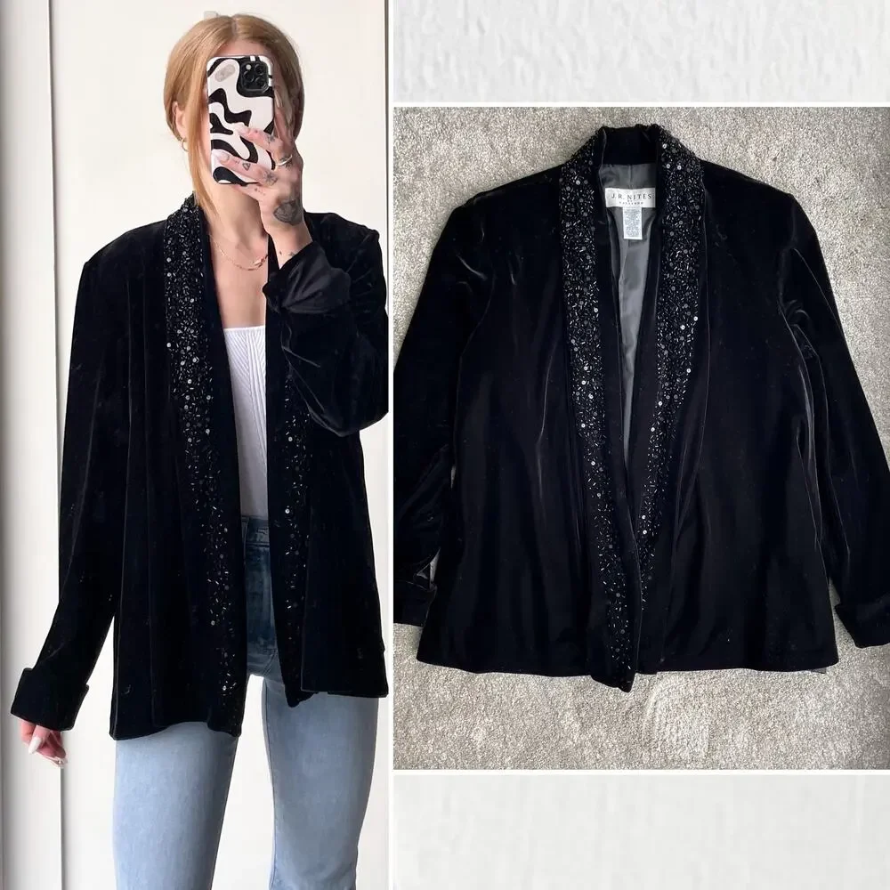 Vintage 90s Black Velvet Beaded Draped Blazer Jacket Womens L Long Sleeve
